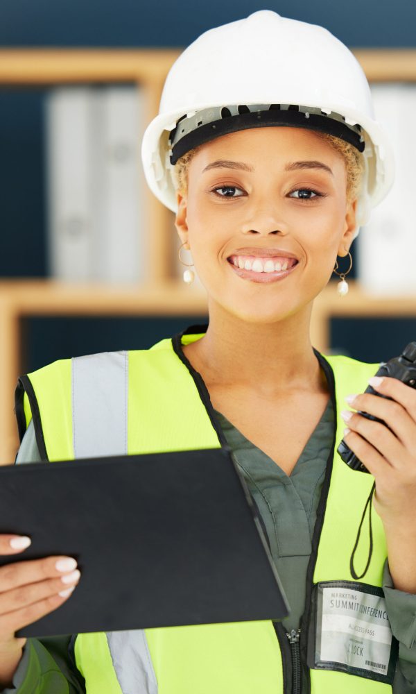 Construction, walkie talkie and portrait of black woman with tablet for engineering, building and a.